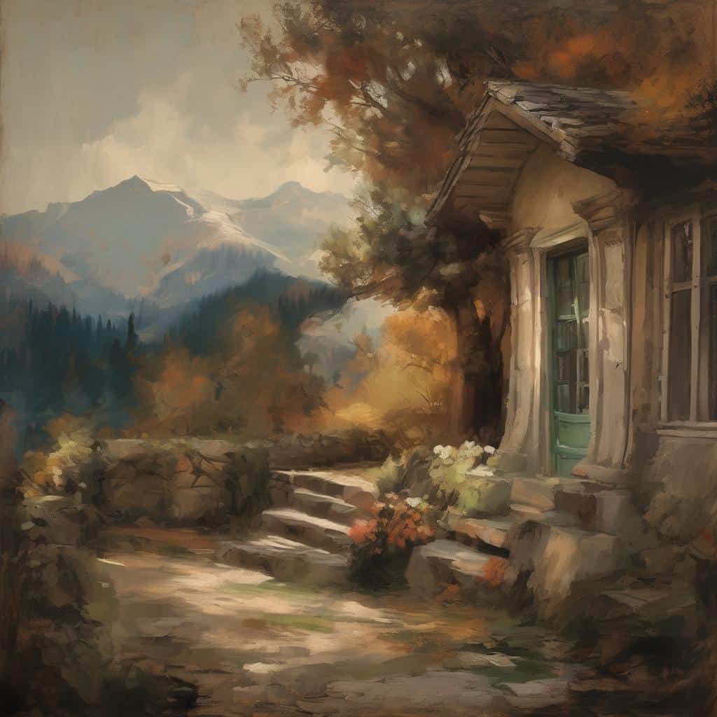Μοντέρνα τέχνη, φυσικό τοπίο, πίνακας με βουνά, παραδοσιακό σπίτι, φθινοπωρινό τοπίο, καλλιτεχνική εξέλιξη.