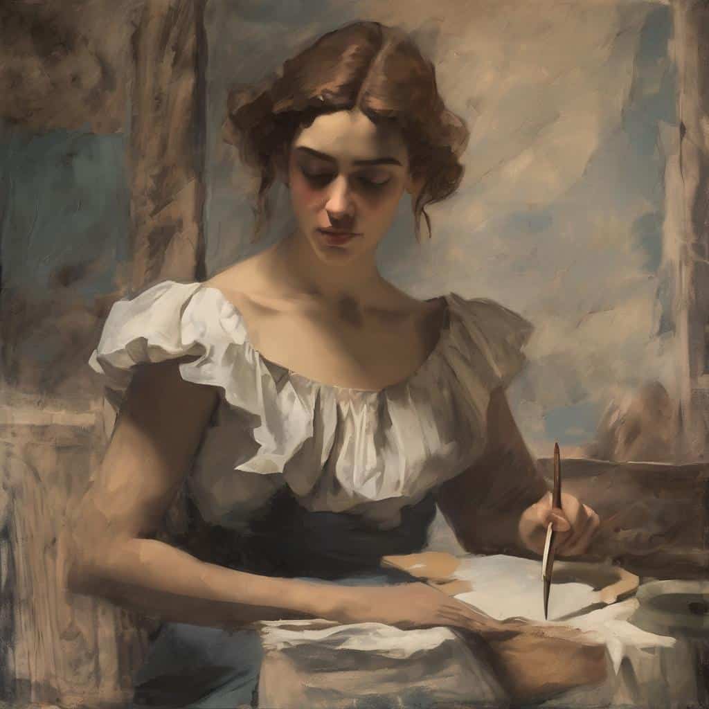 Παραδοσιακή ζωγραφική νευραλγική εξέλιξη της σύγχρονης τέχνης, νεαρή γυναίκα γράφει σκίτσο με πινέλο και χρώματα, καλλιτεχνική δημιουργία.