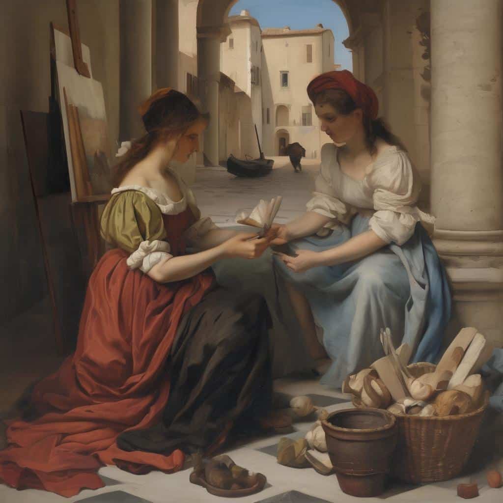 Καλλιτεχνική αναπαράσταση σύγχρονης τέχνης με δύο γυναίκες σε παραδοσιακή ενδυμασία συζητώντας μπροστά σε αρχαία ερείπια και βιβλία.